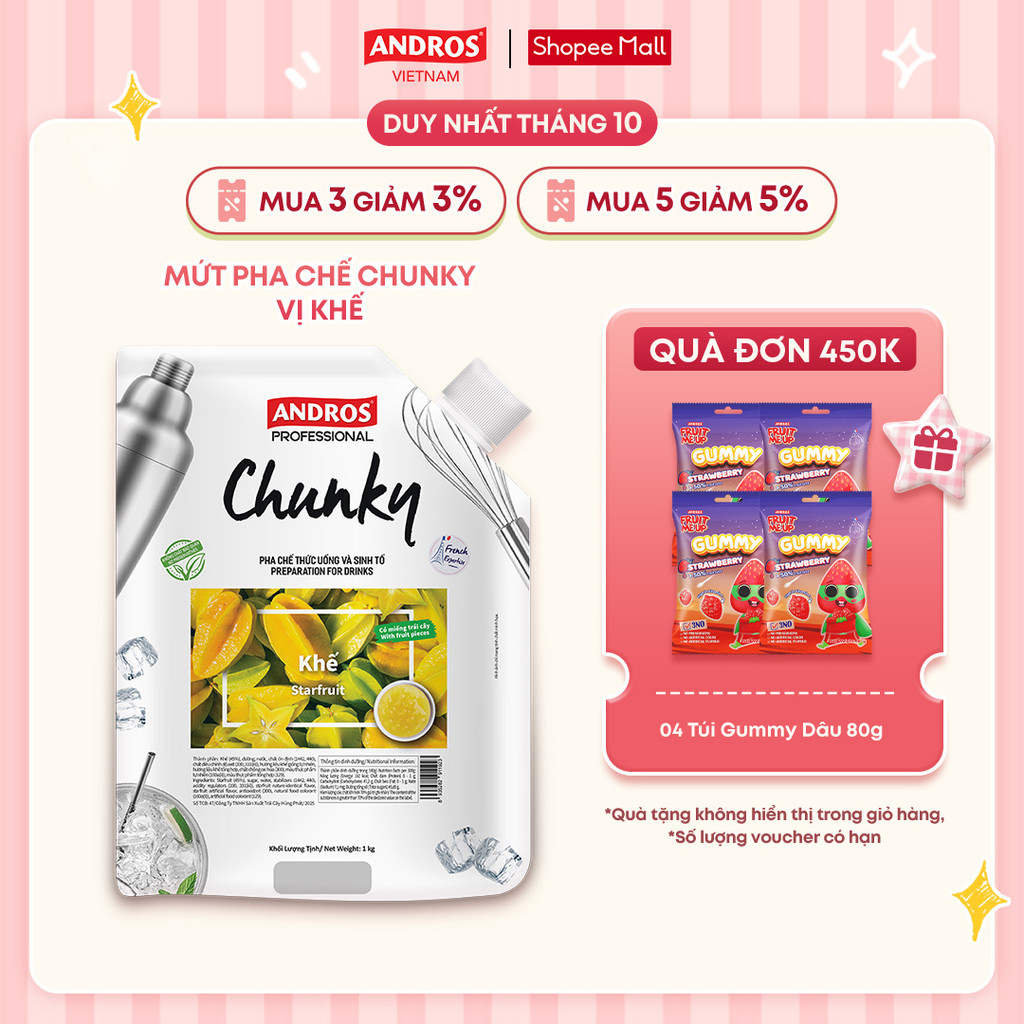Mứt Trái Cây Pha Chế Khế - Có miếng trái cây thật - Nguyên liệu pha chế - ANDROS CHUNKY - 1kg