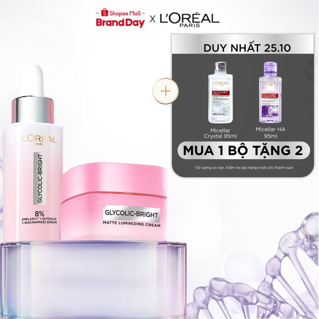 Bộ đôi serum & kem dưỡng sáng da đột phá Melasyl mờ thâm mụn, nám L'Oreal Paris Glycolic Bright 30ml, 50ml