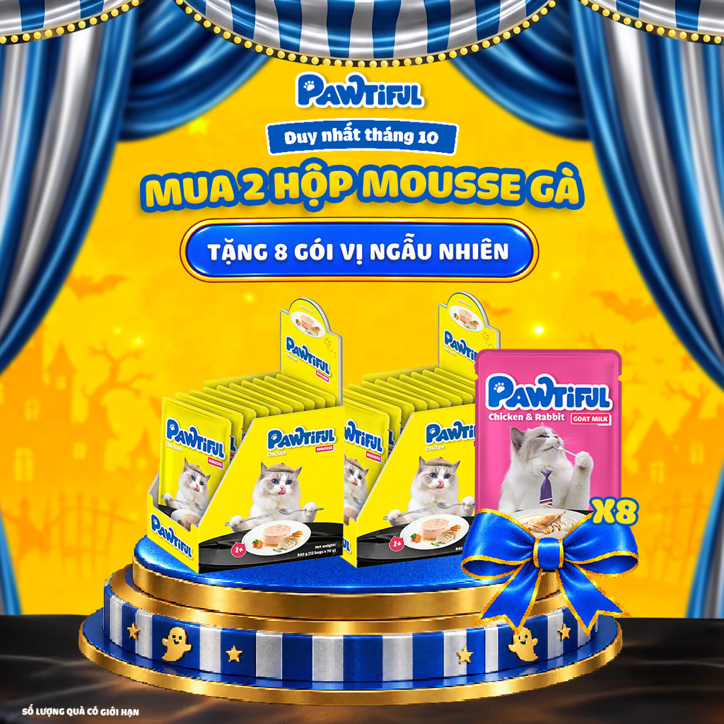 [MUA 2 HỘP TẶNG 8 GÓI] 2 Hộp Pate Pawtiful cho mèo dạng Mousse vị Gà 2hộp x12túi x70g