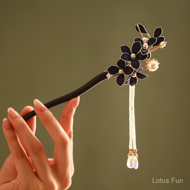 Kẹp tóc cổ điển Hanfu handmade bằng nhung tua rua gỗ đàn hương, màu xám, phụ kiện thời trang
