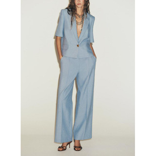 áo khoác Zara made in Morocco blazer lửng xanh lam nhạt ngắn tay cổ ve 1 khuy và quần âu cùng bộ