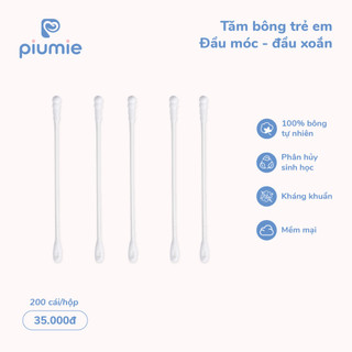 Piumie Tăm bông trẻ em Baby Cotton Buds vệ sinh tai mũi, 2 đầu bông tự nhiên an toàn & lành tính cho trẻ sơ sinh.