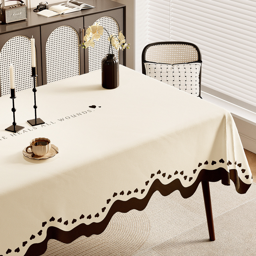 Khăn trải bàn caro đen trắng viền gợn sóng | Vải cotton linen màu be, phong cách tối giản hiện đại, dễ giặt, trang trí bàn ăn, quán cà phê
