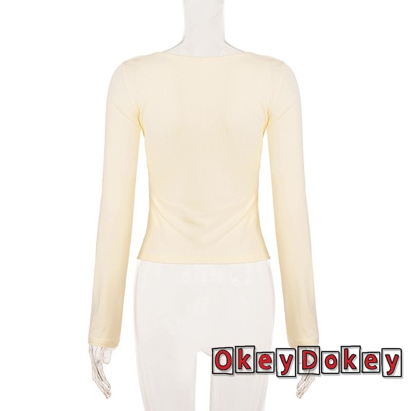 ODokey-Nữ Ren Chắp Vá Áo Nơ Trước Cổ Chữ V Tay Dài Slim Fit Áo