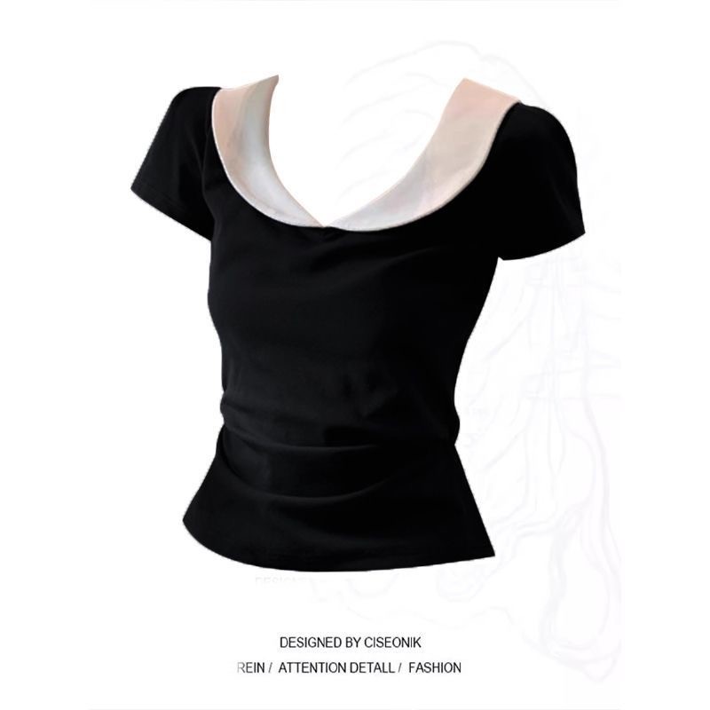 Áo thun cổ búp bê phong cách Hàn Quốc, thiết kế ôm body, thời trang mùa hè
