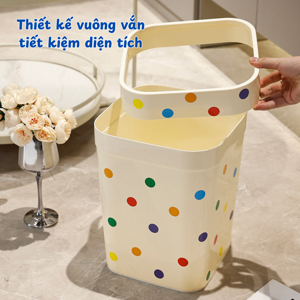 Thùng Rác Chấm Bi 12L/14L Thiết Kế Vuông Tiện Lợi DINO, Chất Liệu Nhựa PP Bền Chắc Decor Phòng Khách