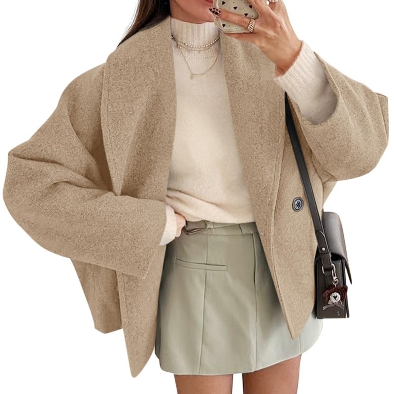 Exhila Nữ Crop Pea Coat Quá Khổ Len Pha Trộn Crop Ve Áo Đôi Áo