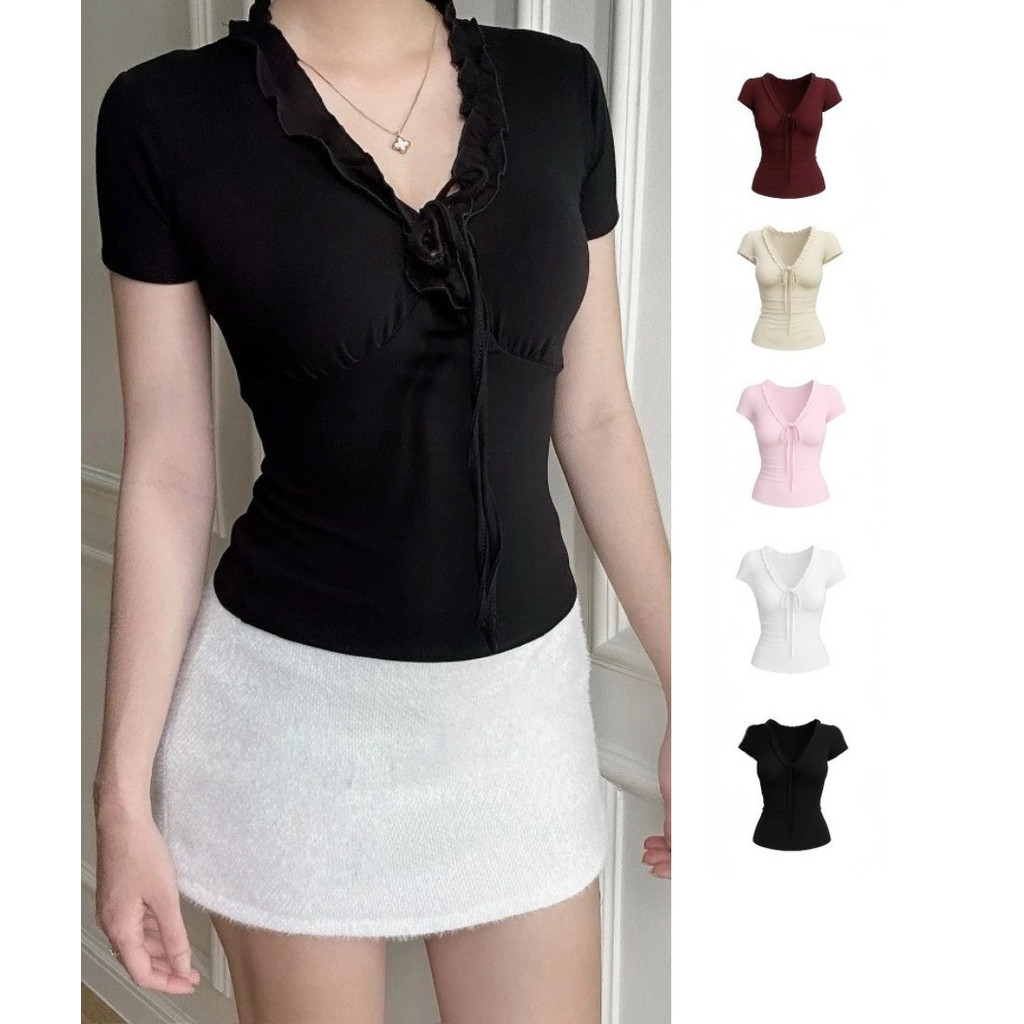 Áo Thun Nữ Cổ V Nhún Bèo Thắt Nơ Chất Cotton Mịn Ôm Body, Tôn Dáng Xinh Xắn_A689 -Sammi