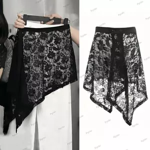 Váy Midi Ren PYCOU, Váy Dây Rút Ren Hoa Thêu Cao Cấp, Khe Bên Không Đều Nhìn Xuyên Qua Y2K Dạo Phố Ren Váy Dài Hông Khăn Trang Trí Quần Jean