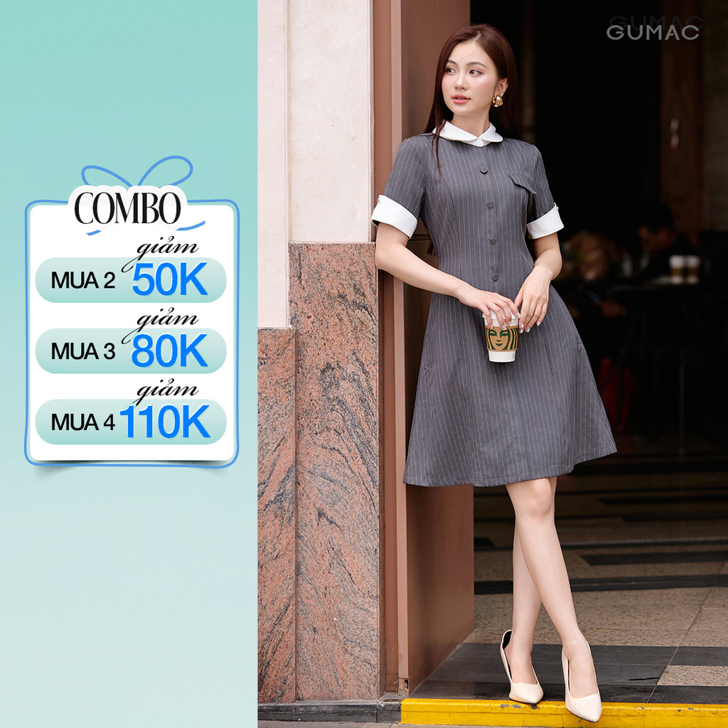 Đầm Nữ GUMAC Dáng A Tay Ngắn Cổ Sơ Mi Phối Trắng Thanh Lịch Hiện Đại DF09021