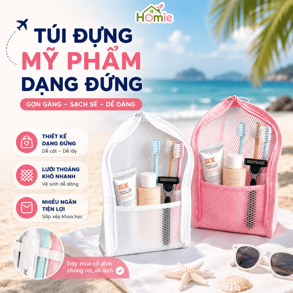 Túi Đựng Mỹ Phẩm Du Lịch Gấp Gọn HOMIE, Túi Lưới Đựng Đồ Cá Nhân Chống Nước, Dạng Đứng Tiện Lợi
