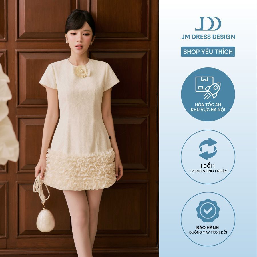 Đầm Party Cổ Tròn Chân Váy Cách Điệu 1P01.2605, Đầm Mini Dự Tiệc Dáng A Ôm Eo Nhẹ, Chân Váy Ruffle 3D, Đầm Sự Kiện By JM