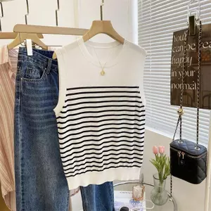 Áo yếm sọc lụa băng Pháp mùa hè Phong cách mỏng Vai trang trọng Slim-fit Chic có thể mặc bên trong bên ngoài không tay dệt kim hàng đầu cho nữ