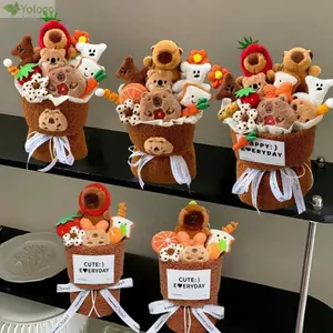 Bó hoa nhân tạo YOLOGO, Bó hoa búp bê sang trọng Kapybara dễ thương, Màu nâu hồng sáng tạo Trang trí nội thất Búp bê Anime nhồi bông cho sinh nhật