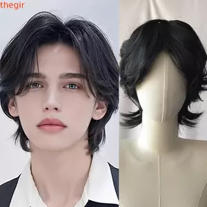 THEGIRL8B Nam Ngắn Tóc Giả, Tóc Tổng Hợp Lớp Đuôi Sói Tóc Giả, Đẹp Trai Xoăn Tự Nhiên Cosplay Thực Tế Halloween Tóc Giả Trẻ