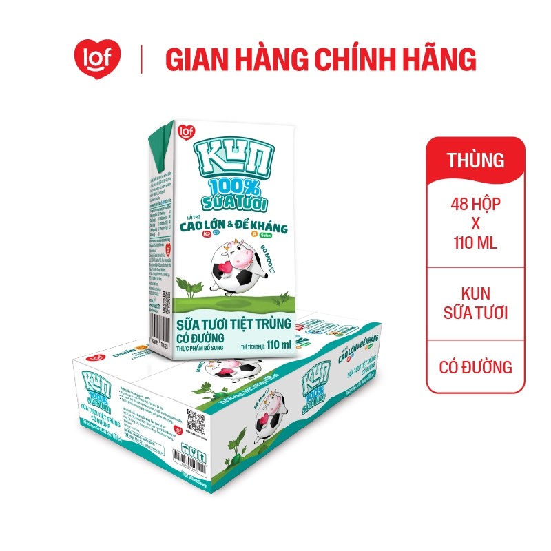 [Giá tốt trong Live] 100% sữa tươi KUN có đường thùng 48 hộp x 110ml