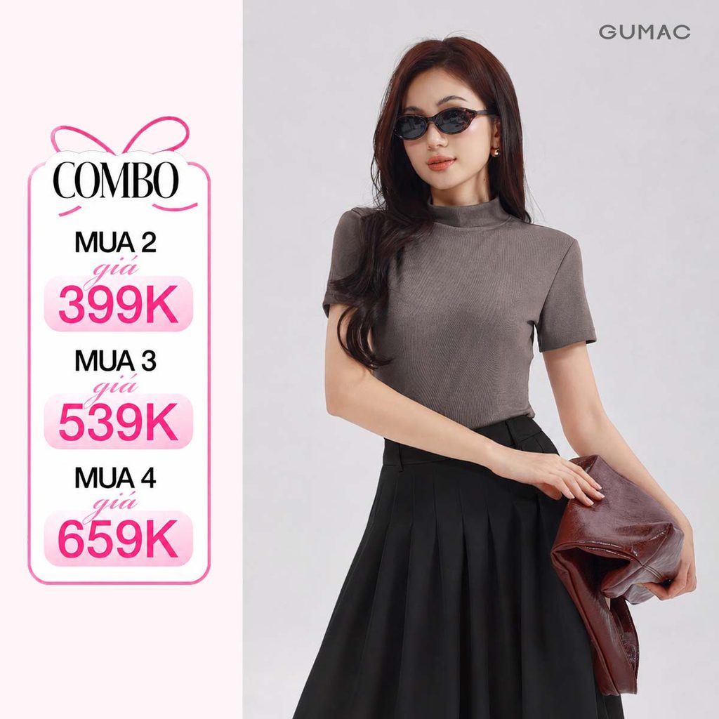 Áo Thun Cố Lọ Nữ GUMAC Dáng Ôm Slimfit Tay Ngắn Chất Thun Gân Co Giãn Dễ Phối Đồ LATE1111