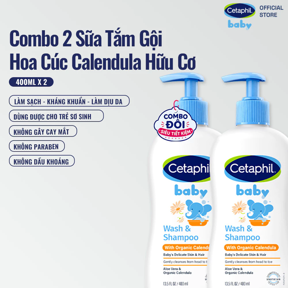 Combo 2 chai sữa tắm gội Cetaphil Baby Calendula 400ml