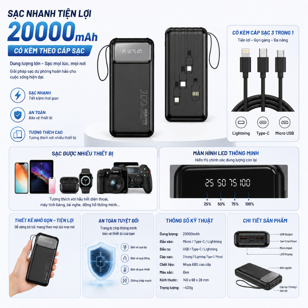 Sạc dự phòng YM489 dung lượng 20000mah hỗ trợ sạc nhanh nhiều dòng thiết bị | BigBuy360 - bigbuy360.vn