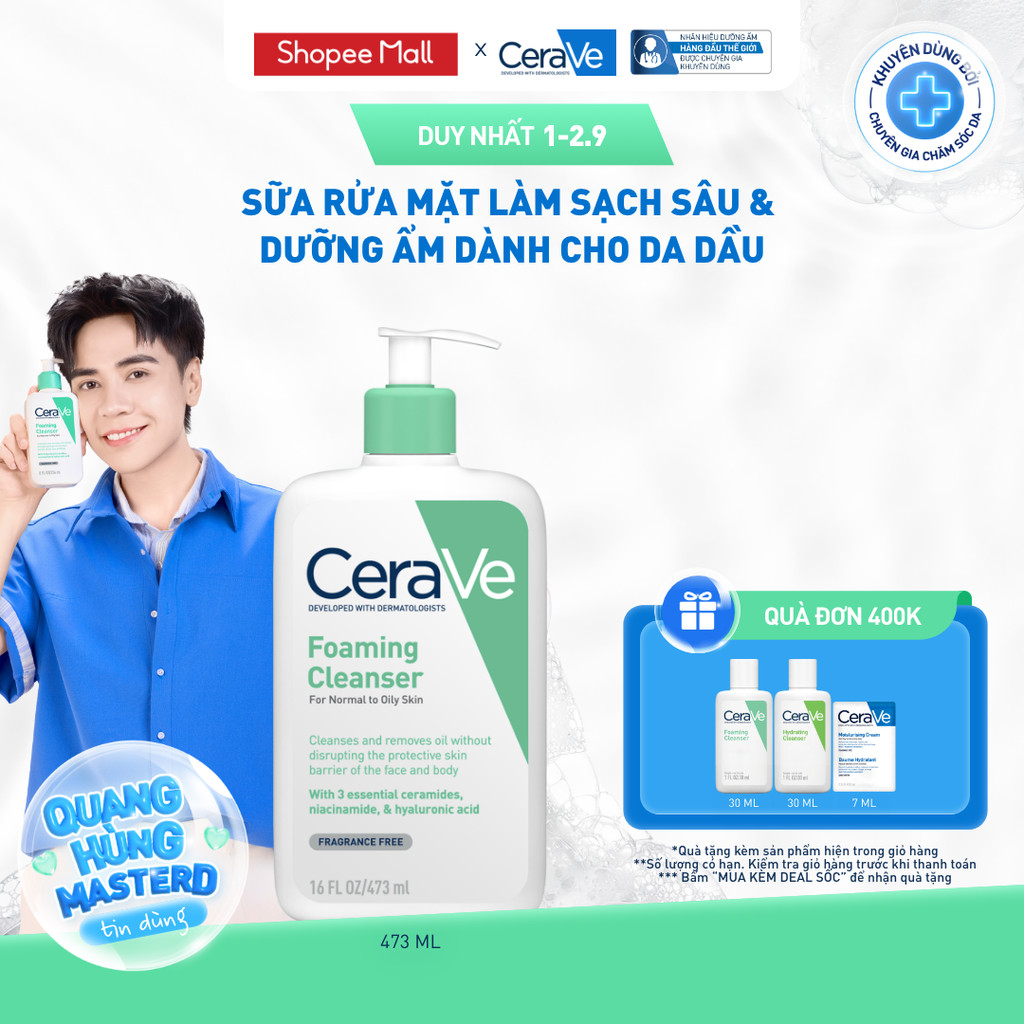 Sữa rửa mặt foaming giúp làm sạch sâu và dưỡng ẩm dịu nhẹ dành cho da dầu - CeraVe Foaming Facial Cleanser 473ML