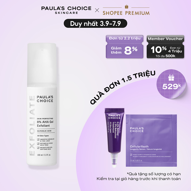 Gel loại bỏ tế bào chết làm sáng và mịn da Paula's Choice Skin Perfecting 8% AHA Gel Exfoliant 100ml 1900