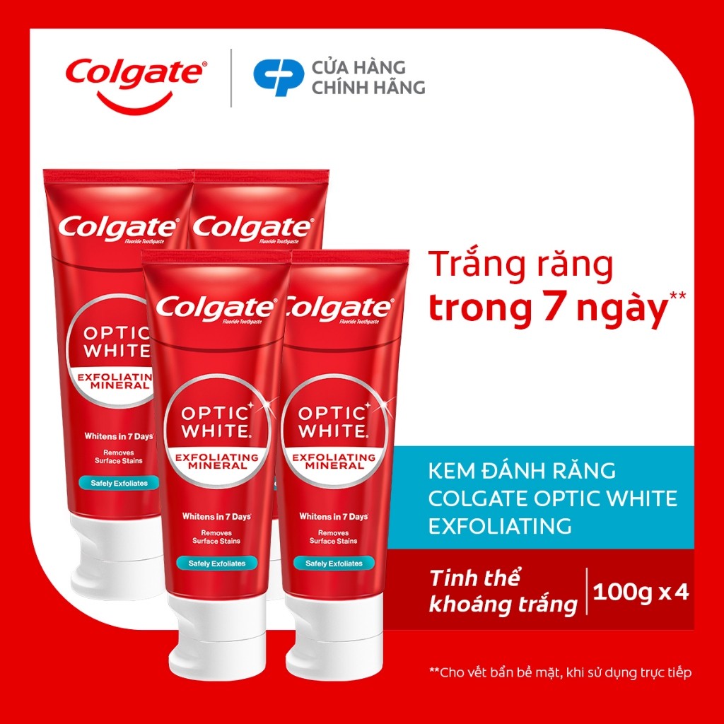Bộ 4 Kem Đánh Răng Colgate trắng răng Optic White trắng trong 7 ngày từ tinh thể khoáng trắng 100g/tuýp