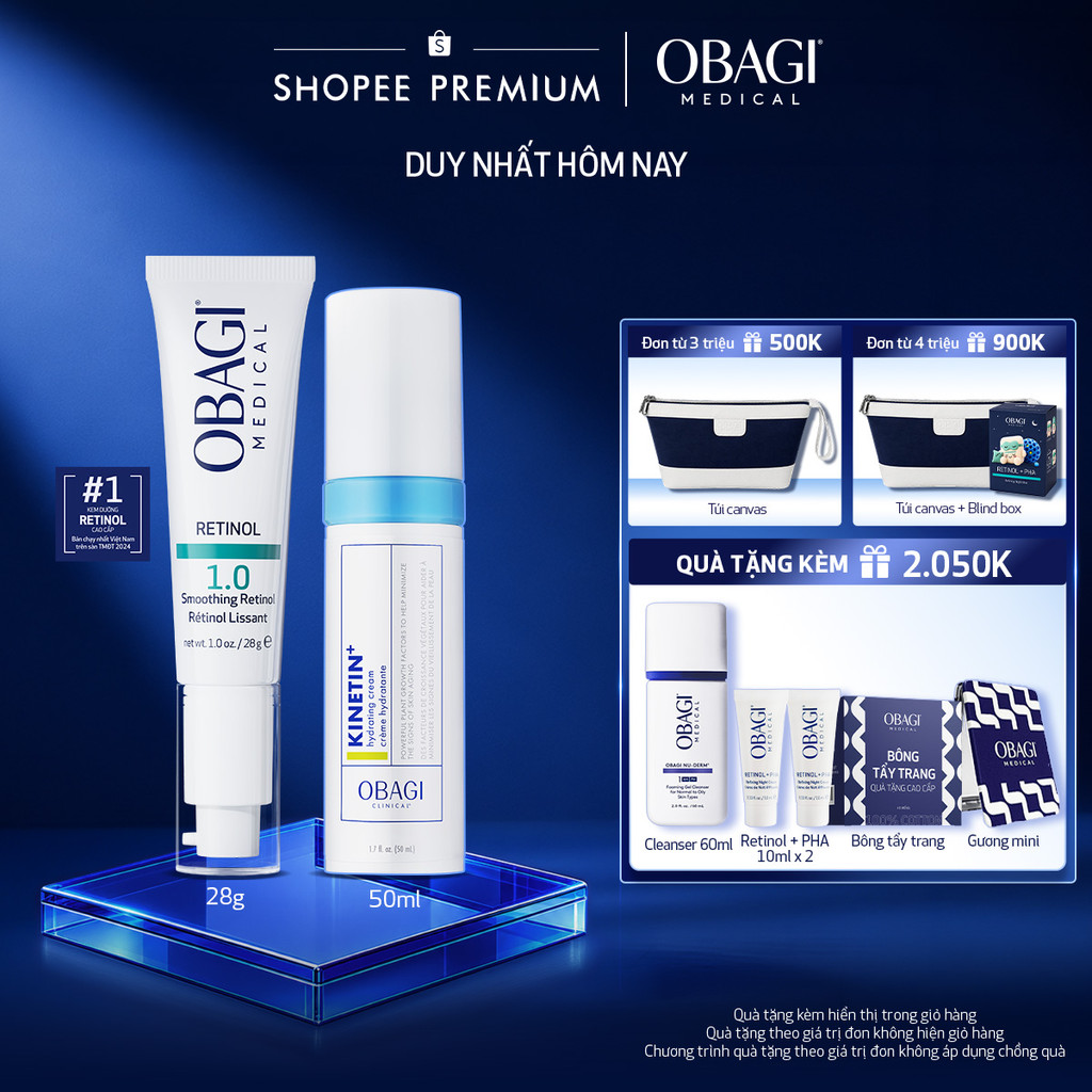 Bộ đôi Kem Dưỡng Đêm Obagi Retinol 1.0 (28g) và Kem dưỡng phục hồi Obagi Clinical Kinetin+ Hydrating Cream 50ml