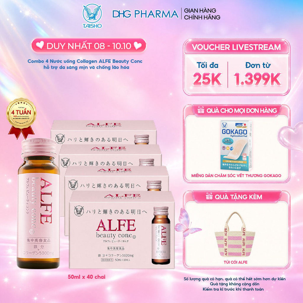 (DEAL ĐỘC QUYỀN) Combo 4 Nước uống Collagen Alfe Beauty Conc hỗ trợ da sáng mịn và chống lão hóa - Hộp 10 chai x 50ml