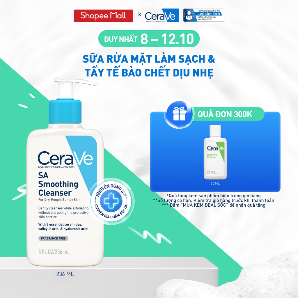 Sữa rửa mặt làm sạch da, loại bỏ dầu thừa và tẩy tế bào chết dịu nhẹ không gây khô da CeraVe SA Smoothing Cleanser 236ML