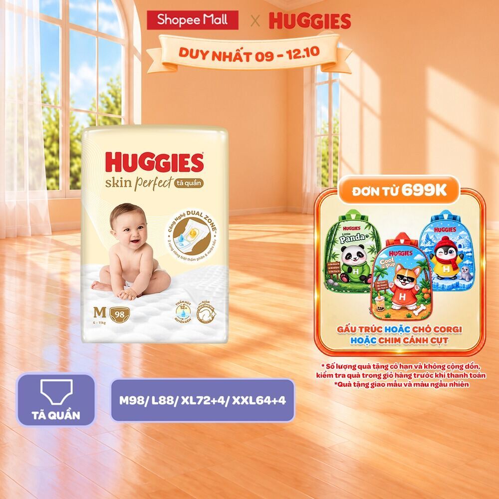 Tã/Bỉm quần Huggies Skin Perfect Mega Jumbo cỡ M/L/XL/XXL với 2 vùng thấm giảm kích ứng da