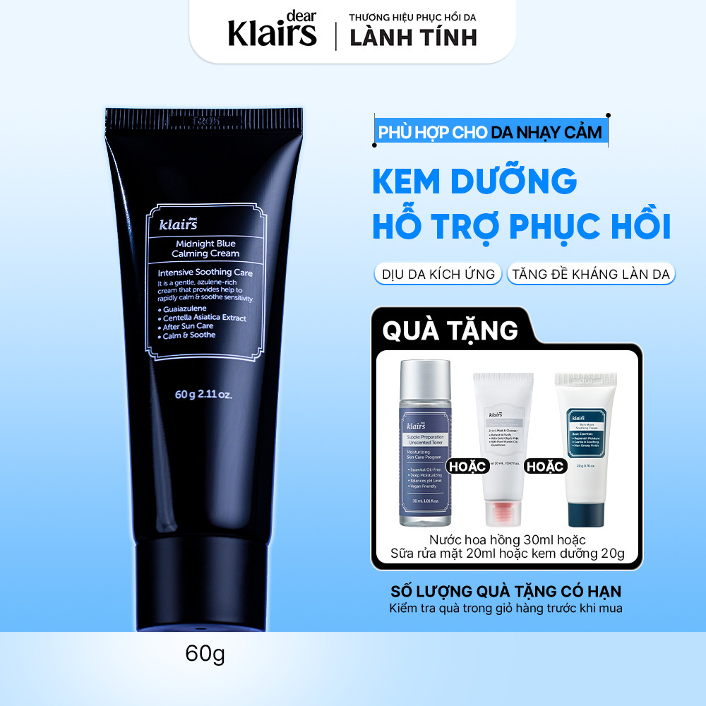 Kem dưỡng da Dear, Klairs Midnight Blue Calming Cream hỗ trợ cấp ẩm và phục hồi cho da 60g [FS]