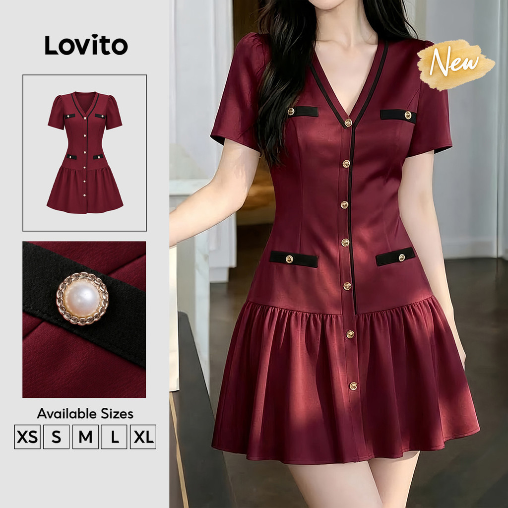 (New Arrival) Lovito Đầm nữ màu mơ Thanh lịch phối mảnh phối mảng màu cổ chữ V gấu bèo nhún cài nút dáng chữ a ngắn mặc công sở mùa xuân hè DRK10P2D129