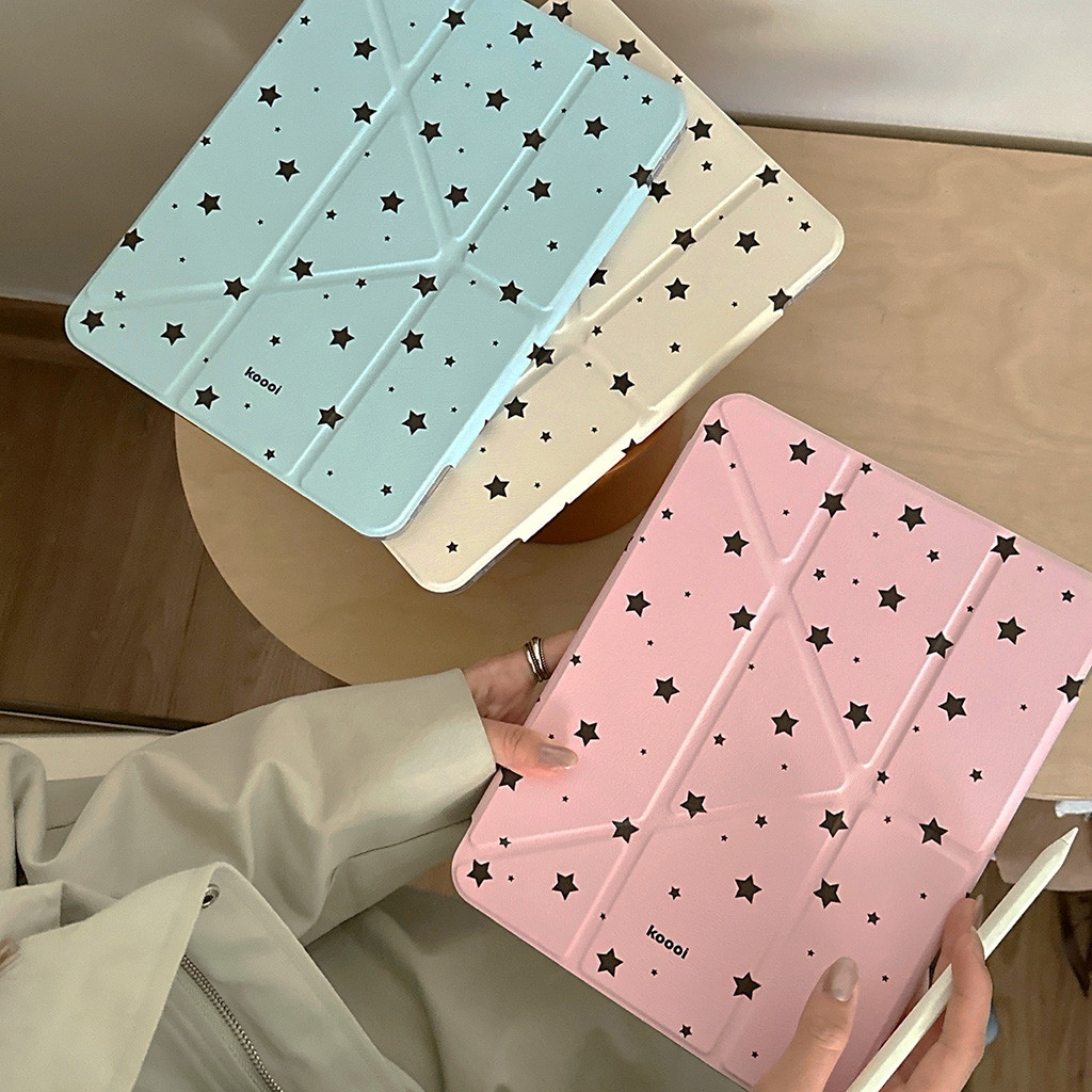 Vỏ bọc gấp ba chữ Y Da đen Ngôi sao cho Mini6 Mini7 A17Pro IPad 5 6 7 8 9 10 11 A16 Air 2 3 4 5 6 7 Air 11 M2 M3 Pro10.5 Pro11 2018 2020 2021 2022 M4 Pro13 Khe cắm bút chì 2024