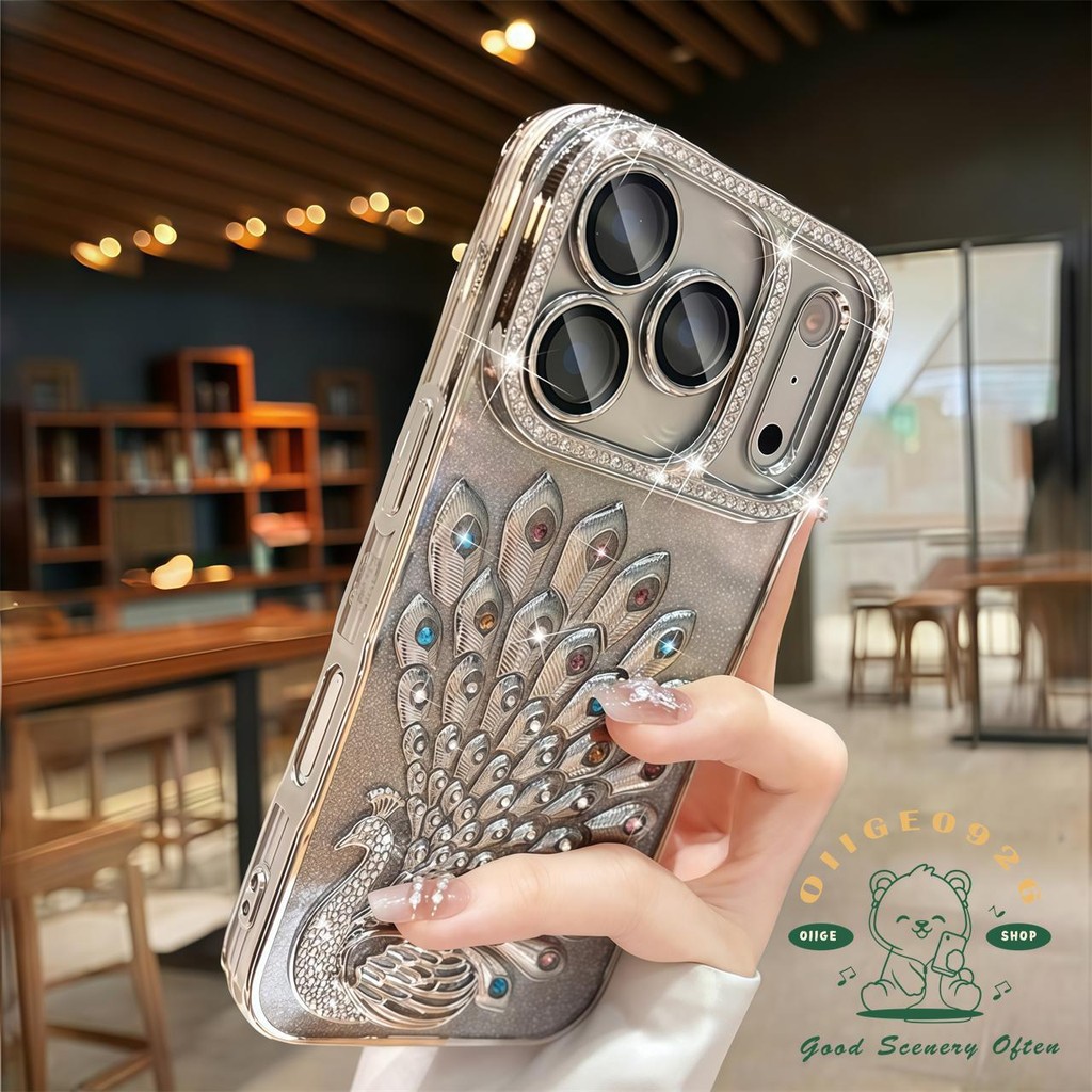 【 Ốp lưng iPhone17 】 Vỏ điện thoại hình con công kim cương mạ màu cam iphone17 Pro Max 16 15 14 13 cho vỏ iPhone Vỏ mềm silicon TPU chống sốc