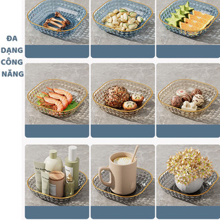 Set 4 khay đĩa nhựa viền vàng trong suốt đựng trái cây, thực phẩm đa năng, kèm giá đựng trang trí sang trọng