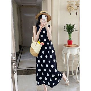 Đầm drape hình quả lê Miyake, họa tiết chấm bi, thiết kế đơn giản dành cho ngày thường