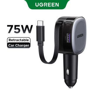 Bộ sạc ô tô UGREEN 75W Linh hoạt có thể thu vào 3 cổng USB A PD 30W Sạc nhanh với cáp USB C 75cm cho Samsung S25 Ultra