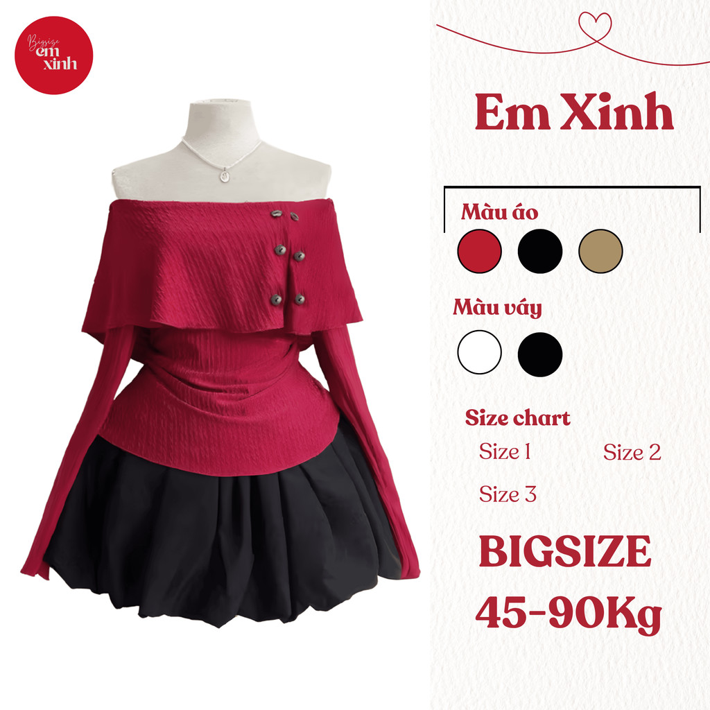 Set áo hở vai phối nút thun tăm kèm chân váy bí  Bs059 vải dày dặn size 45-90kg- Em Xinh Bigsize