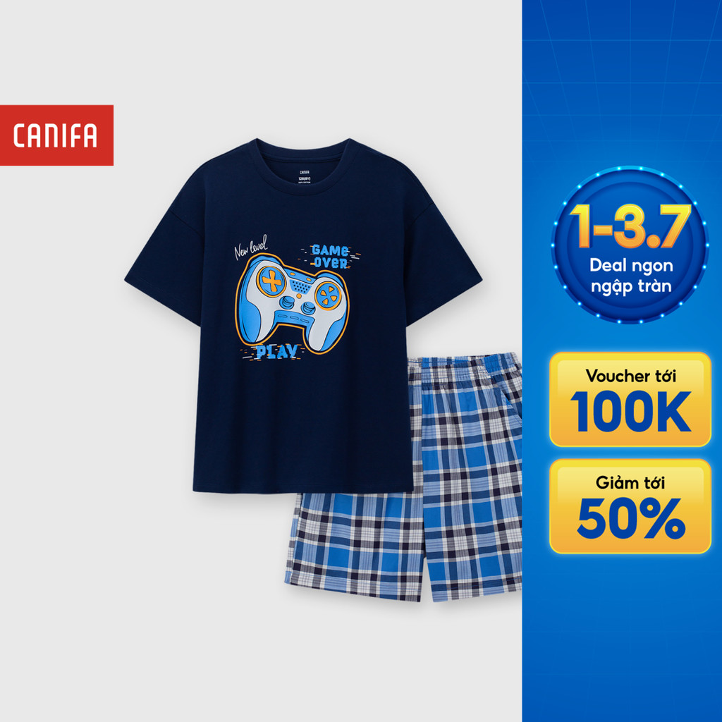 Bộ quần áo bé trai CANIFA đồ bộ hè cộc tay chất cotton mềm mại thoáng mát in họa tiết 2LS26S008