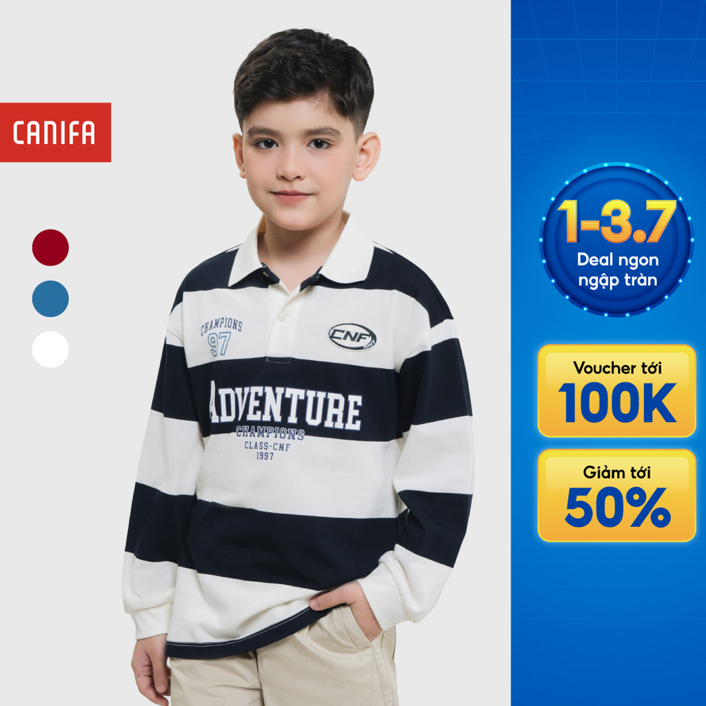 Áo polo bé trai CANIFA dài tay cổ bẻ họa tiết kẻ 2TP25C002