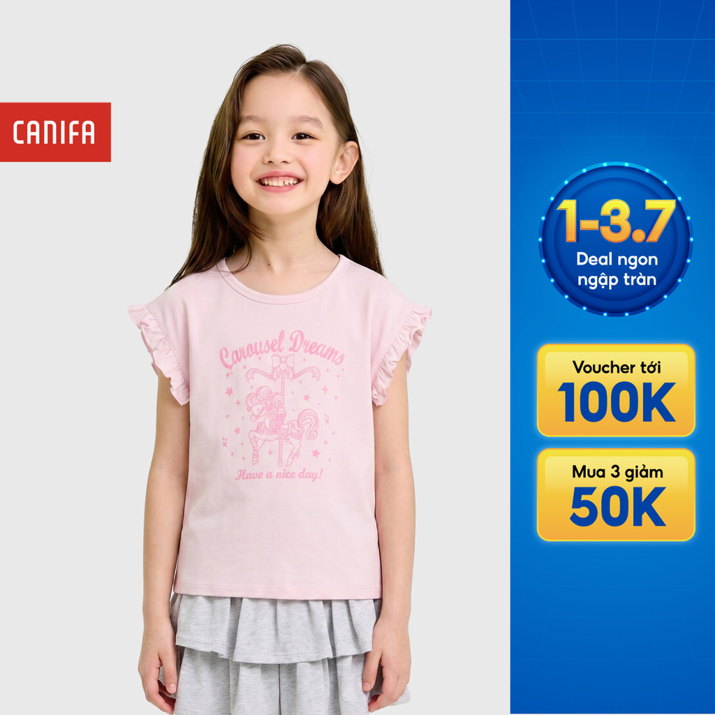 Áo phông bé gái CANIFA chất thun cotton pha tay bèo in họa tiết đáng yêu PS26 1TS26S001