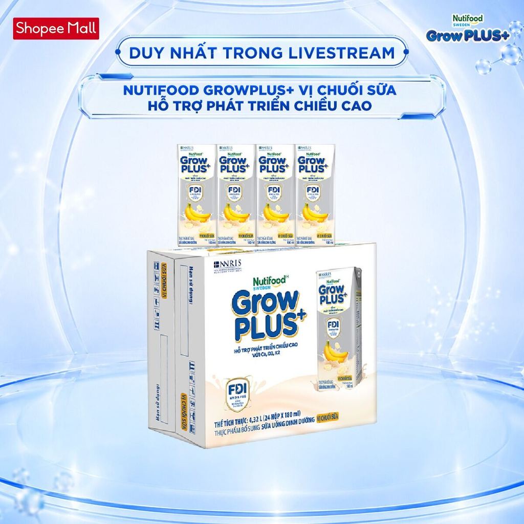 [Livestream Hannah Olala] Thùng 24 hộp Sữa bột pha sẵn Nutifood Sweden GrowPLUS+ Vị Chuối Sữa hộp 180ml - Trên 1 tuổi