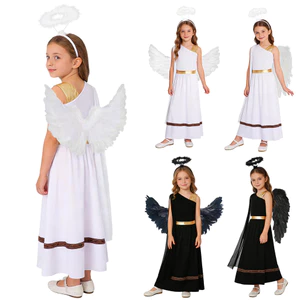 Nyemya Girls 3 Miếng Hy Lạp Thần La Mã Trang Phục Trang Phục Kim Loại Bóng Chắp Vá Đầm Không Tay Có Lông Vũ Đôi Cánh Thiên Thần Và Vòng Tóc Cho Màn Trình Diễn Sân Khấu Cosplay