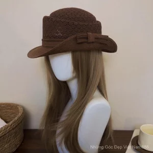 Mũ Rơm Uốn Anh Mùa Hè Màu Nâu Rỗng Thoáng Khí Che Nắng Mặt Nhỏ Nơ Mũ Xô