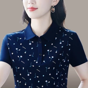 Áo sơ mi Polo tay ngắn đa năng in hoa Cotton nguyên chất mùa hè dành cho nữ
