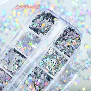 12 Lưới Tăng Cường Móng Tay Ngôi Sao Bạc Họa Tiết Tình Yêu Laser Móng Tay Lấp Lánh Flash Trang Trí Móng Tay Quyến Rũ DIY Dụng Cụ Làm Móng Tay