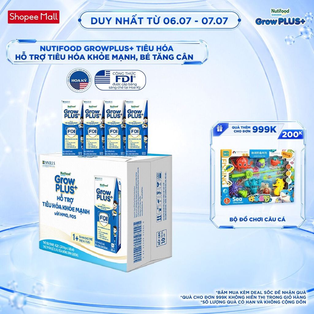 Thùng 24 hộp x 180ml Sữa bột pha sẵn Nutifood Sweden GrowPLUS+ Tiêu Hóa (Xanh Nhạt) 1+ - Tiêu hóa khỏe, tăng cân