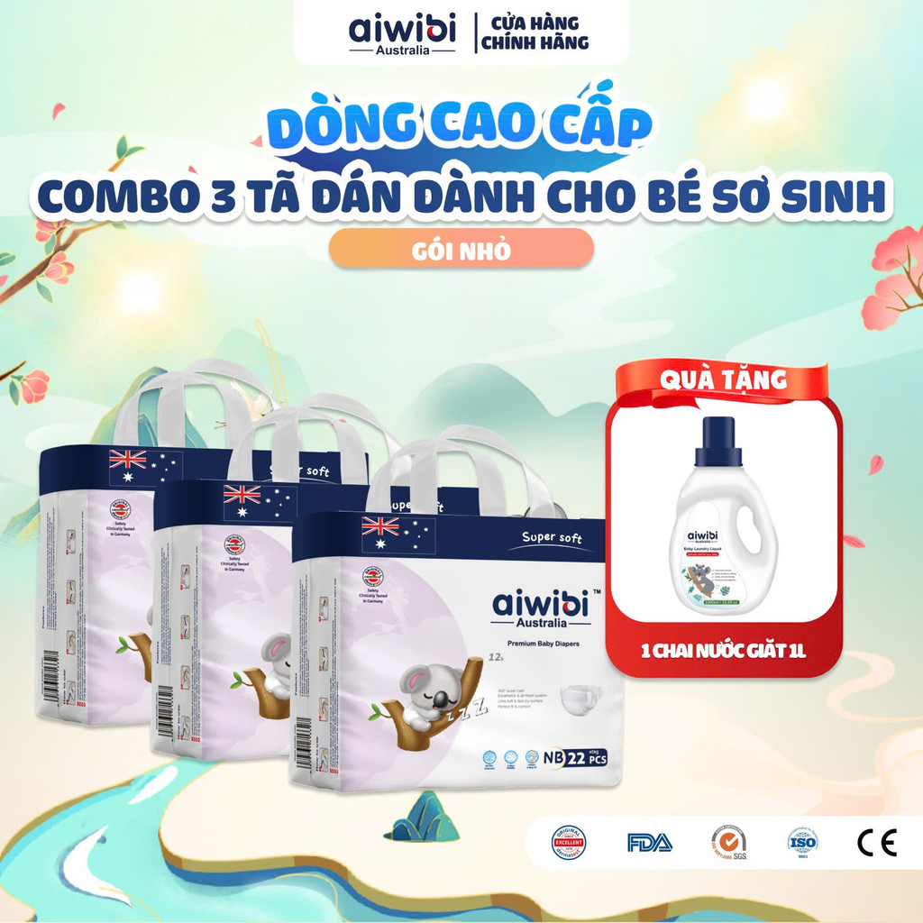 [Combo 3] Tã/Bỉm Dán Cho Trẻ Sơ Sinh Cao Cấp Aiwibi Siêu Thấm Hút, Chống Tràn - Gói New Born 22 Miếng