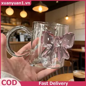 XUAN 400ml Màu Hồng Nơ Lớn Cốc Thủy Tinh Borosilicate Chịu Nhiệt Dễ Thương Nơ Tay Cầm Cho Bàn Bếp Sử Dụng VN
