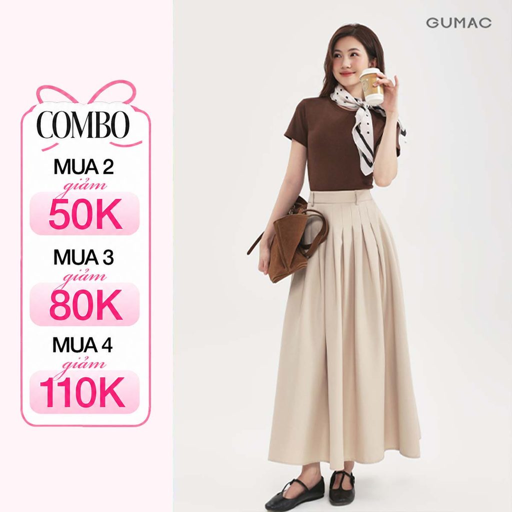 Chân Váy Dài GUMAC Dáng A Xòe Phối Xếp Ly Lưng Rời Có Đỉa Túi Dọc Sườn VF12007